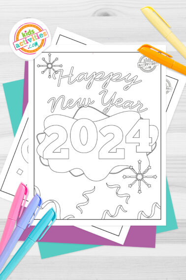 Black and white 2024 new year coloring pages with festive decoration on top of blue-green and purple sheets with assorted crayons on a dark grey background. printed pdf version from Kids activities blog.