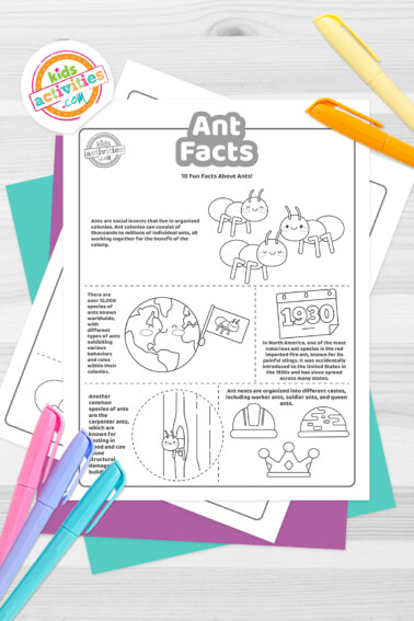 Black and white coloring pages with ant facts lying on top of blue-green and purple sheets with assorted crayons on a dark grey background.