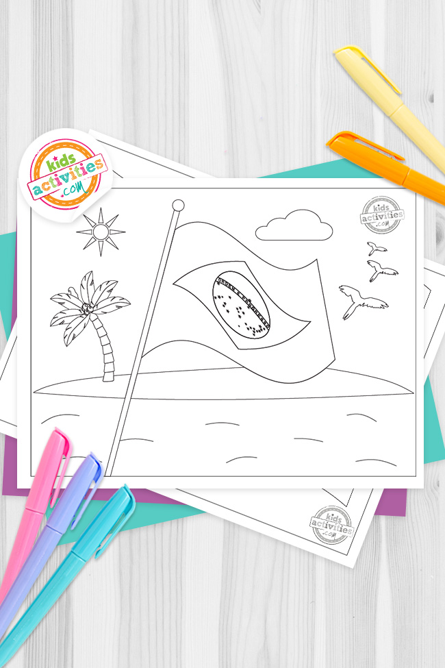 Brazil Flag Coloring Page - Image shows a stack of printable Brazil flag coloring pages over a colorful background. Free coloring pages from Kids Activities Blog.