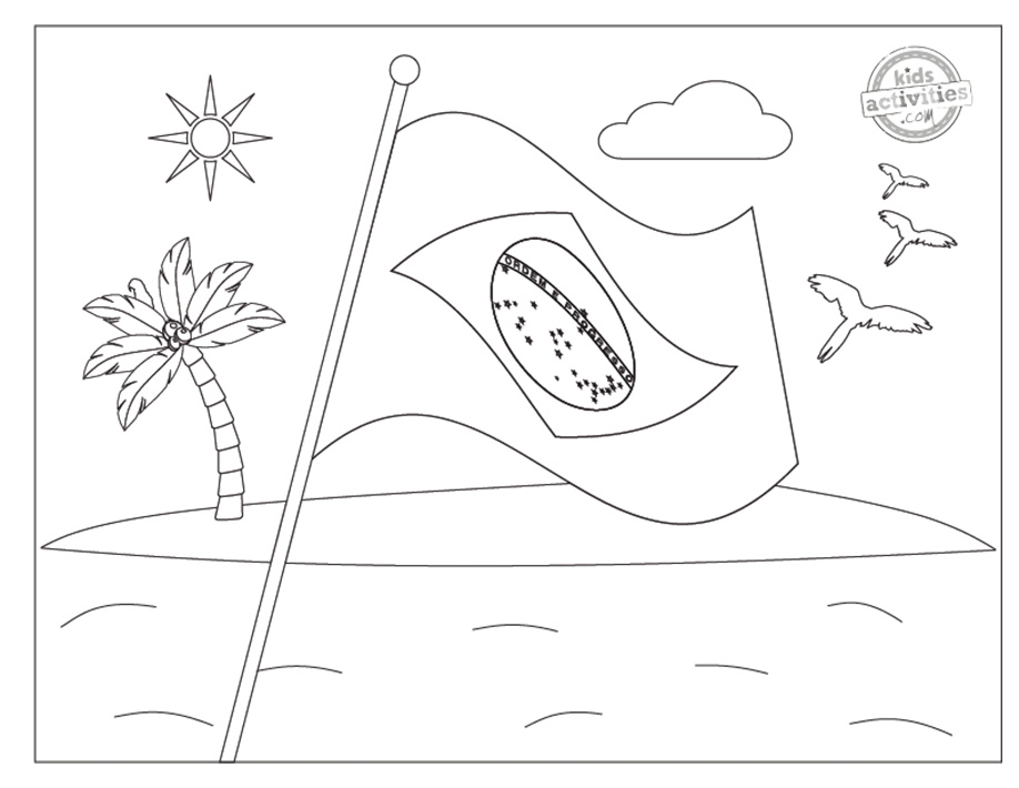Brazil Flag Coloring Page 1- Black and white printed pdf coloring sheet with birds, tree, water, and sun- kids activities blog