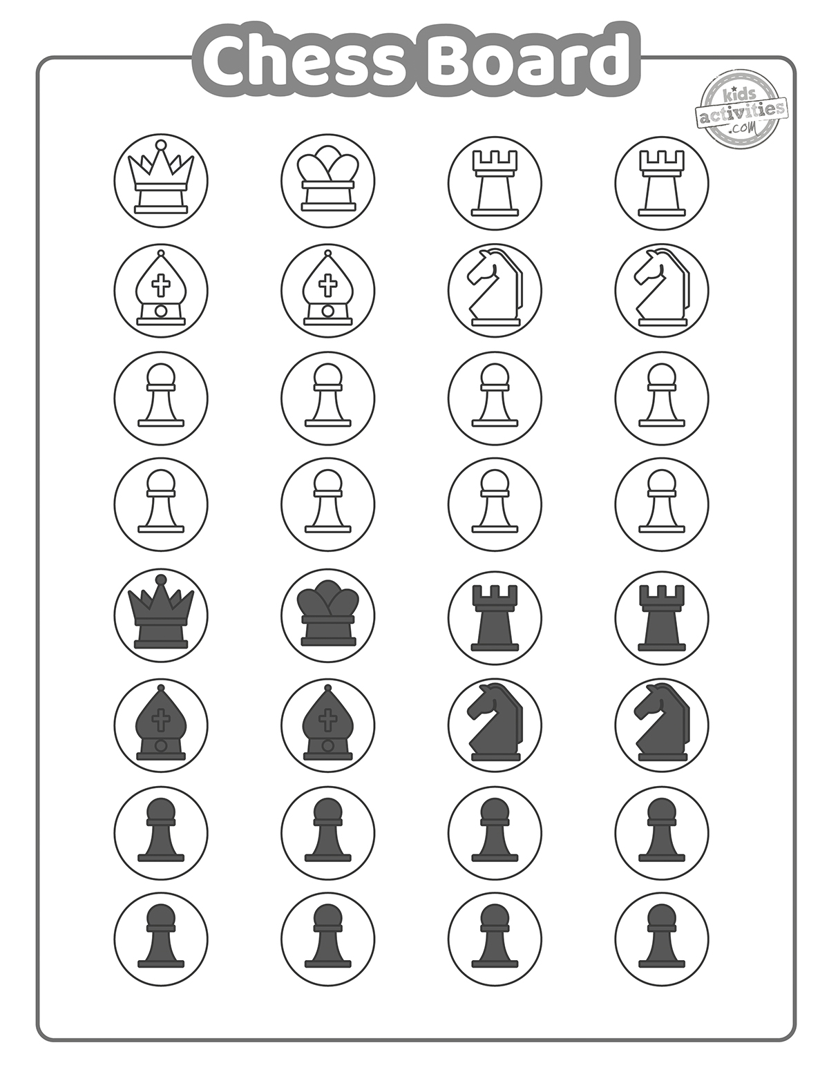 Black & white printable chess pieces with black circle borders on a white page. 