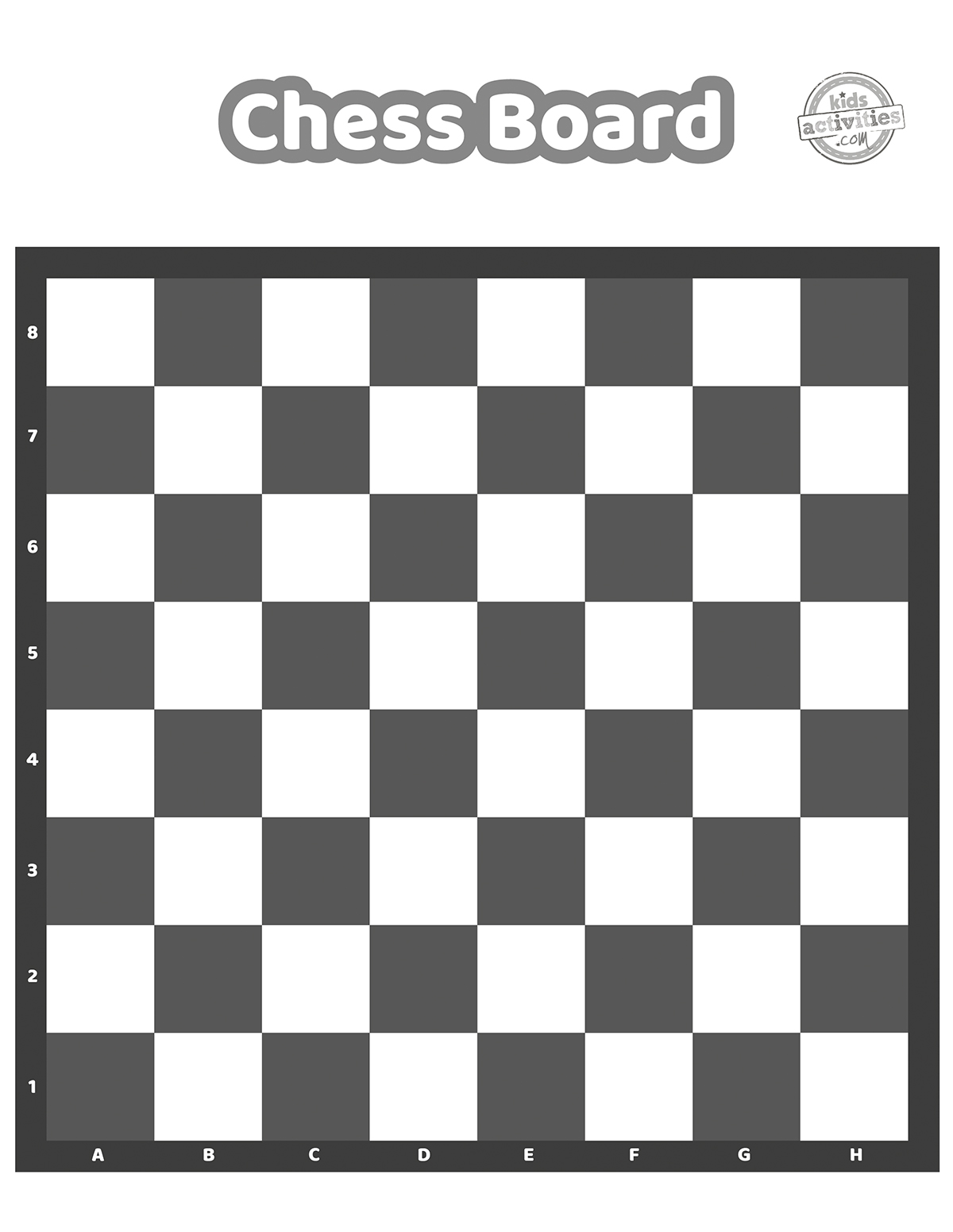 Black & white printable chess board page with A to H on the horizontal axis and 1 to 8 on the vertical axis. 