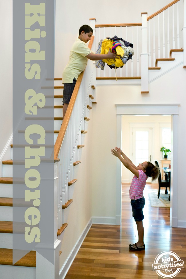 Chores for Kids - Chores By Age list - boy and girl doing laundry at home