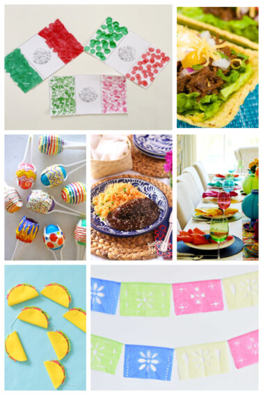 Collage of Cinco de mayo history, food recipes, arts and crafts and more