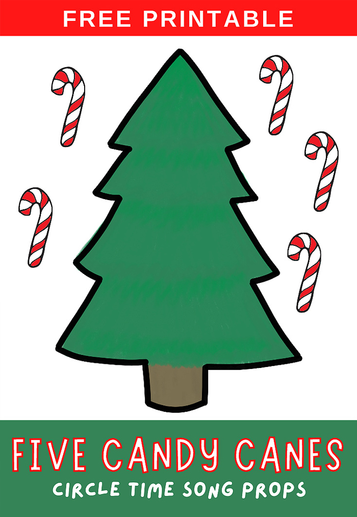 Circle Time Activities- Image shows a printable candy cane and Christmas tree activity for circle time. Idea from Teaching 2 and 3 Year Olds