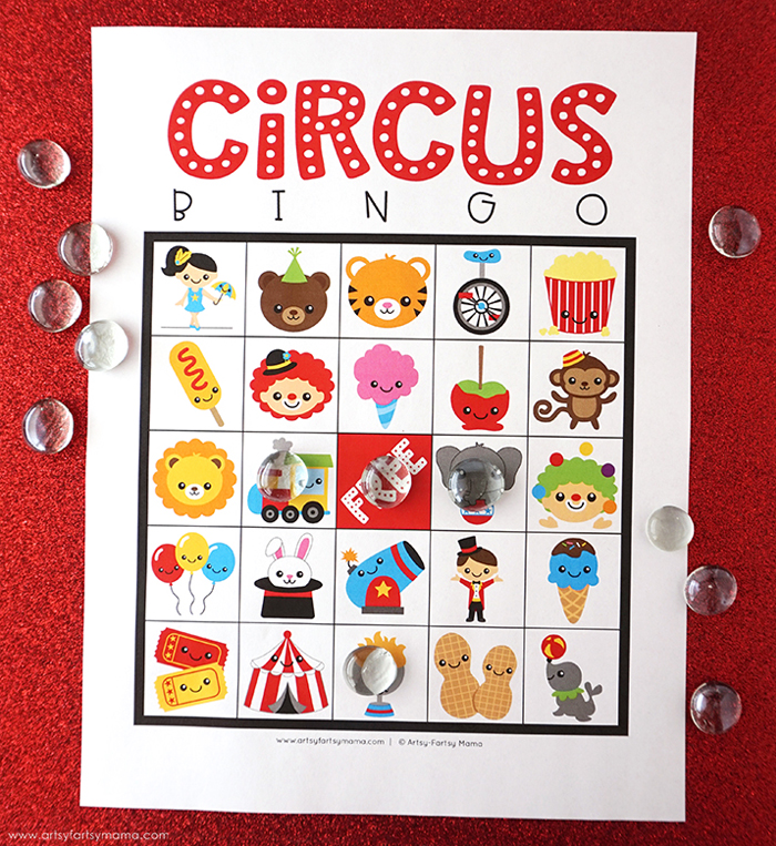 Circus Crafts and Carnival Crafts- Image shows a circus bingo ready to be printed. Idea from Artsy Fartsy Mama