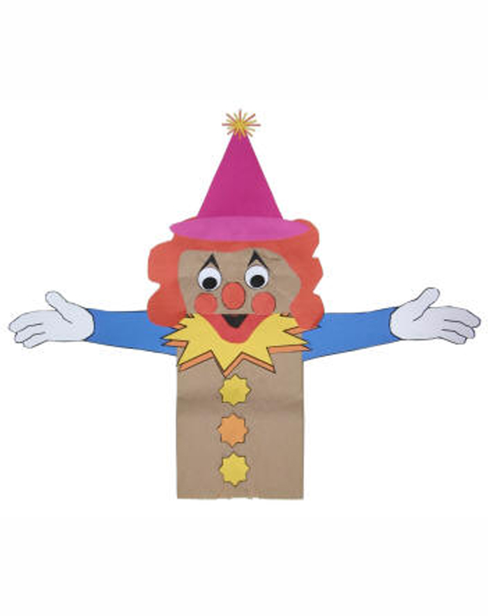 Circus Crafts and Carnival Crafts- Image shows a clown paper bag puppet over a white background. Idea from DLTK Kids