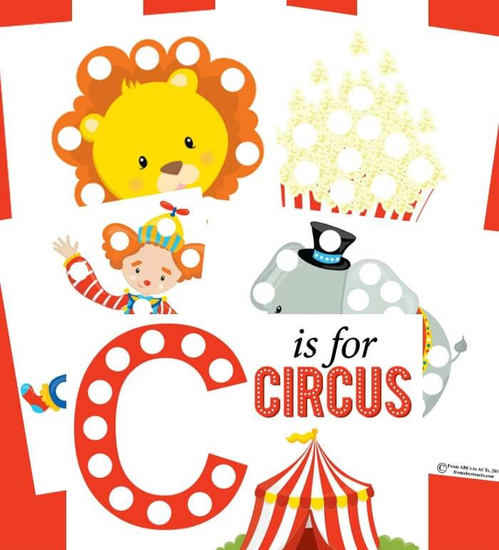 Circus Crafts and Carnival Crafts- Image shows a compilation of printable C is for circus worksheets. From From ABCs to ACTs