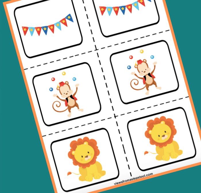 Circus Crafts and Carnival Crafts- Image shows a printable circus matching game. from Views from a stepstool