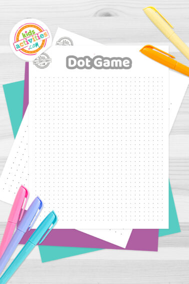 Black and white Dot game printable with a dot grid; on top of blue-green and purple sheets with assorted crayons on a dark grey background.