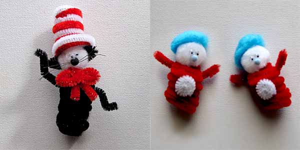 Dr. Seuss Cat in the Hat Craft using pipe cleaners to make cat in the hat and thing 1 and thing 2 with blue hair