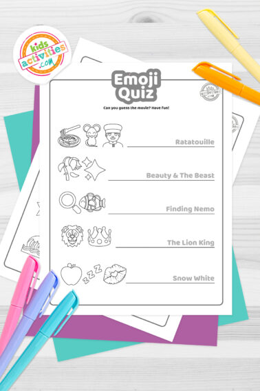 Black and white emoji quiz printables with the answer key on top of blue-green and purple sheets with assorted crayons on a dark grey background. printed pdf version from Kids activities blog.
