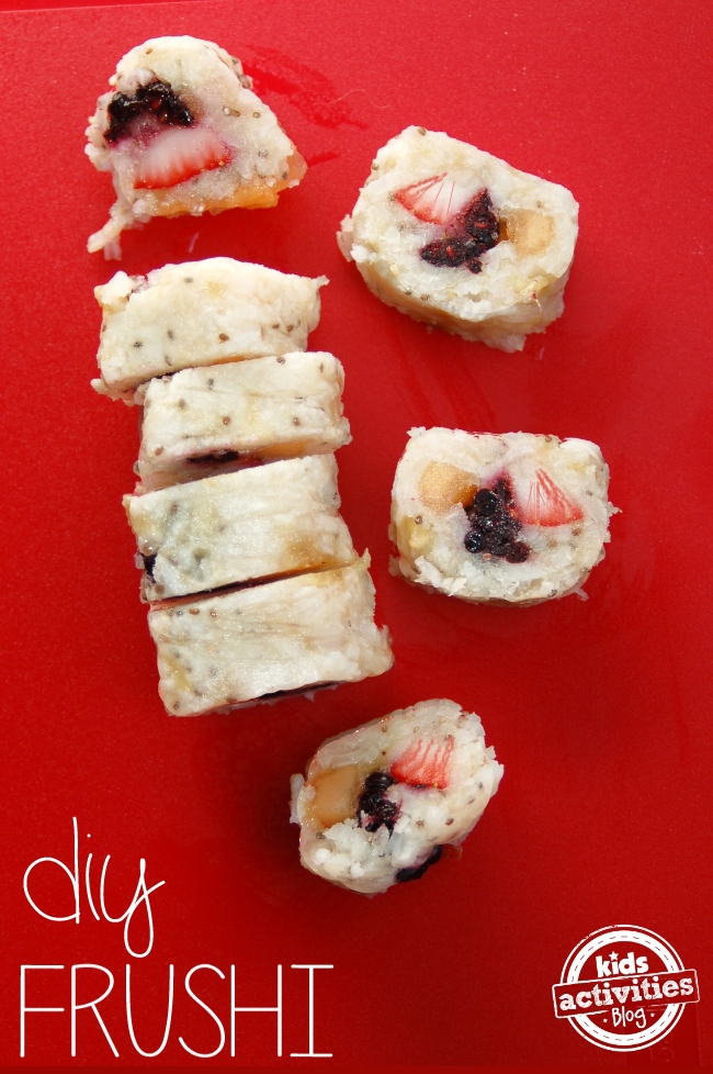 DIY Fruit sushi, frushi. Fresh fruit sushi recipe for kids made with ingredients and supplies you already have in your kitchen from Kids Activities Blog