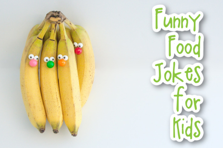 Funny Food Jokes for kids (text) - bunch of yellow bananas with funny clown noses and googley eyes - Kids Activities Blog