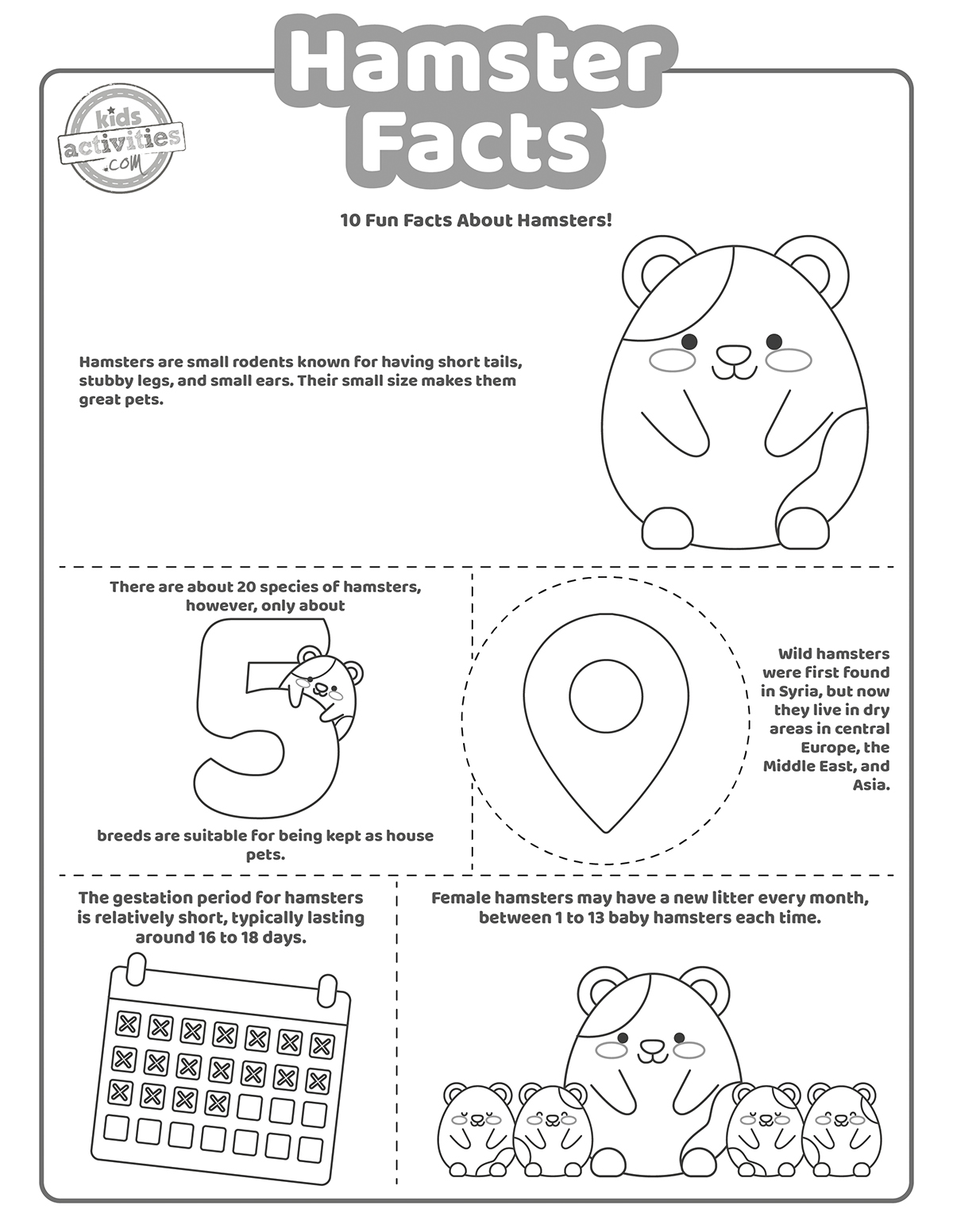 hamster facts coloring pages - a sheet with different facts about hamsters and drawings representing the facts, coloring page for kids shown in black and white printed pdf version from Kids activities blog. 