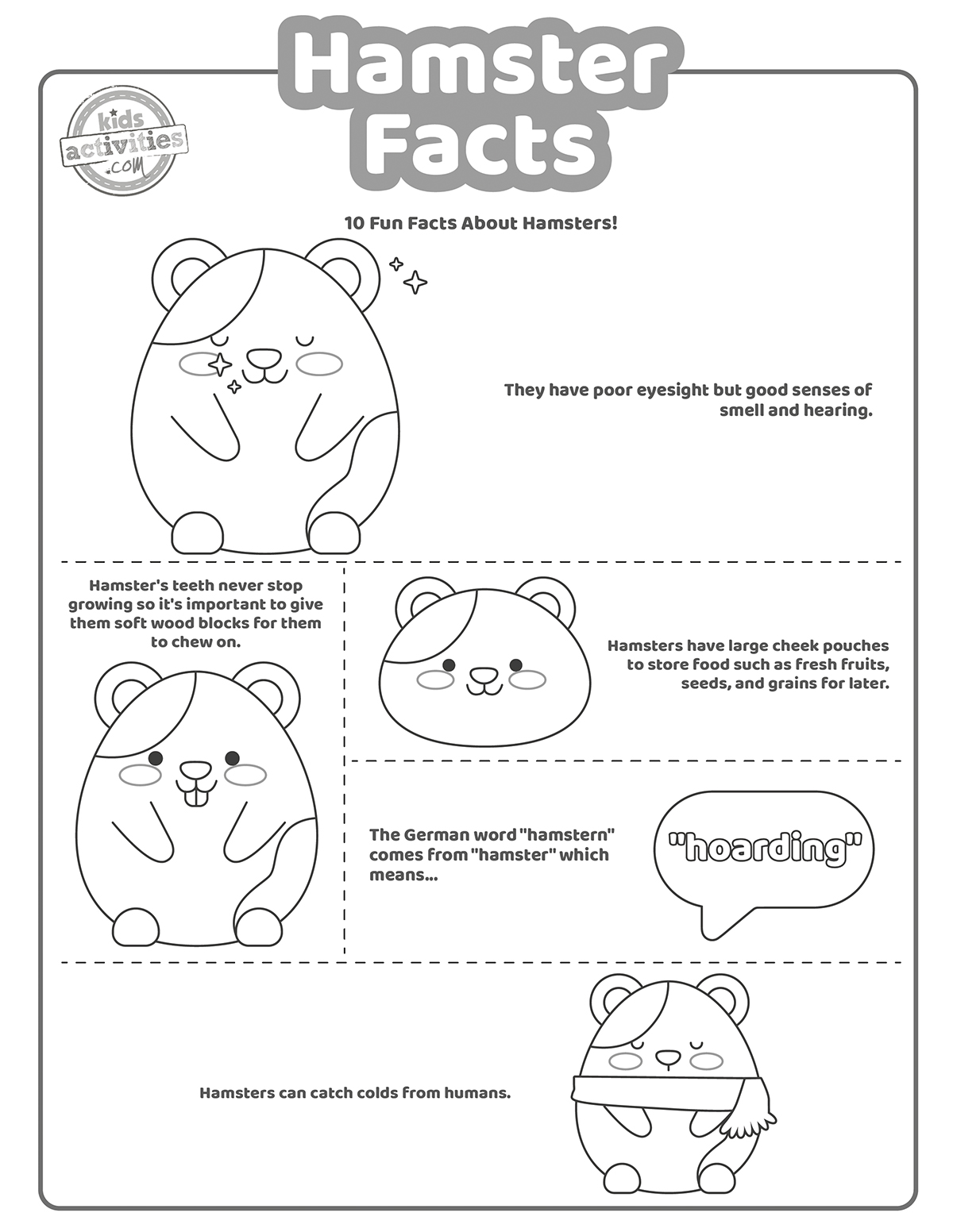 Hamster facts coloring pages - a sheet with different facts about hamsters and drawings representing the facts, coloring page for kids shown in black and white printed pdf version from Kids activities blog. 