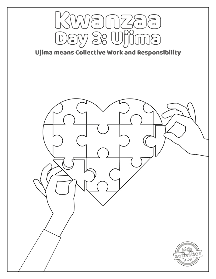 Kwanzaa Day 3 Coloring Pages printed pdf black and white coloring sheet  ujima heart puzzle with hands- kids activities blog