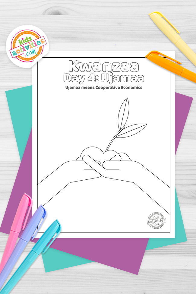 Kwanzaa Day 4 Coloring Pages printed pdf version of black/white line drawing of 2 hands holding a sprout- Text: Kwanzaa Day 4: Ujamaa- Ujamaa means cooperative economics- Kids Activities Blog