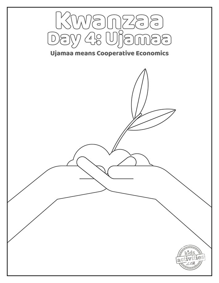 Kwanzaa Day 4 Coloring Pages black and white printed pdf Ujamaa with hands and plants- kids activities blog