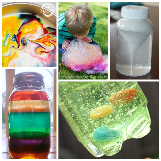 Things to make with liquid soap like a colorful soap and milk science experiment, giant rainbow bubbles, layered bottles, oil and water bottles, and a bottle tornado.