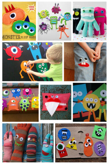 Fabric, Felt & Foam Nifty, Thrifty & Thriving made some felt monsters in order to create a banner for her son's birthday. These Glitter Foam Monsters from Crafts by Amanda are perfect for a group activity or a make & take! Who could resist these darling Glove Monsters from Craftaholics Anonymous? Head over to Kix Cereal to learn how to make a monster felt board book from a cereal box! Mix and Match Monsters is a fun activity your kids will love from And Next Comes L Hole in your child's jeans? Make a Monster Jeans Patch from One Artsy Mama Monster Sleep Masks are a fun way to put the kids to bed. From Spoonful Morena's Corner keeps her kids' tissues handy in this Pocket Tissue Monster. A fun way to learn shapes with Shape Monsters from House of Baby Piranha Turn mismatched socks into adorable Sock Monsters from Fave Crafts.