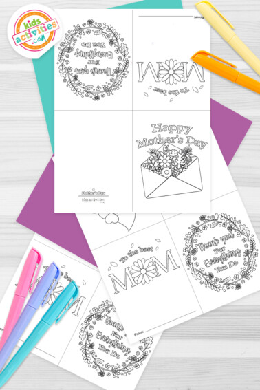 Image shows 4 printable Mother's Day cards on top of each other, with 3 markers next to it.