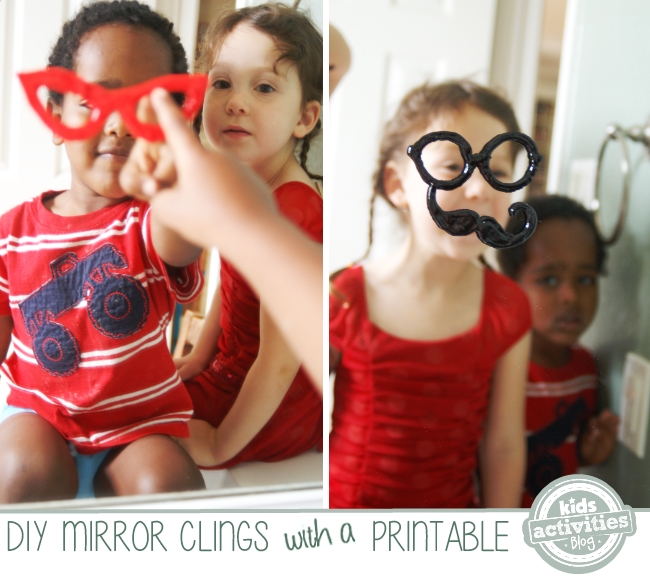 diy mustache and eye glasses clings on mirror with kids playing with their images - Kids Activities Blog