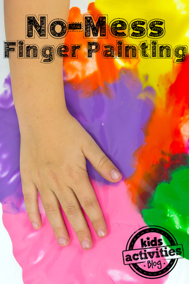 No Mess Finger Painting idea for toddlers and preschoolers.  Child's hand touching paint of colors pink, purple, red, green and yellow through a plastic bag - Kids Activities Blog