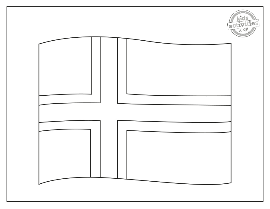 Norway Flag Coloring Page 2- Black and white drawing of the Norwegian flag with the outline of a Scandinavian cross inside. - kids activities blog