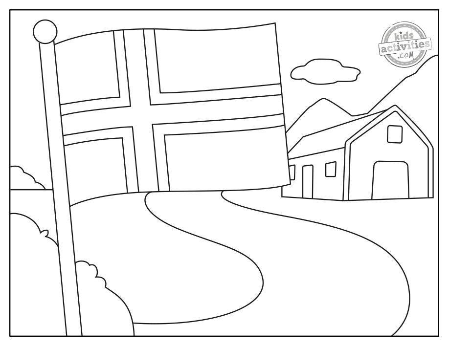 Norway Flag Coloring Page 1-National Flag of Norway featured with a driveway, house and clouds in the sky black and white pdf file- kids activities blog 