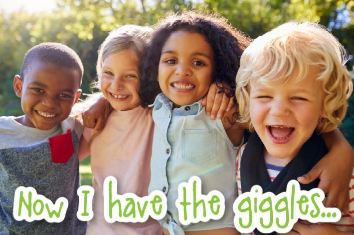 (text) Now I have the giggles... - 4 children hugging each other and laughing - Kids Activities Blog