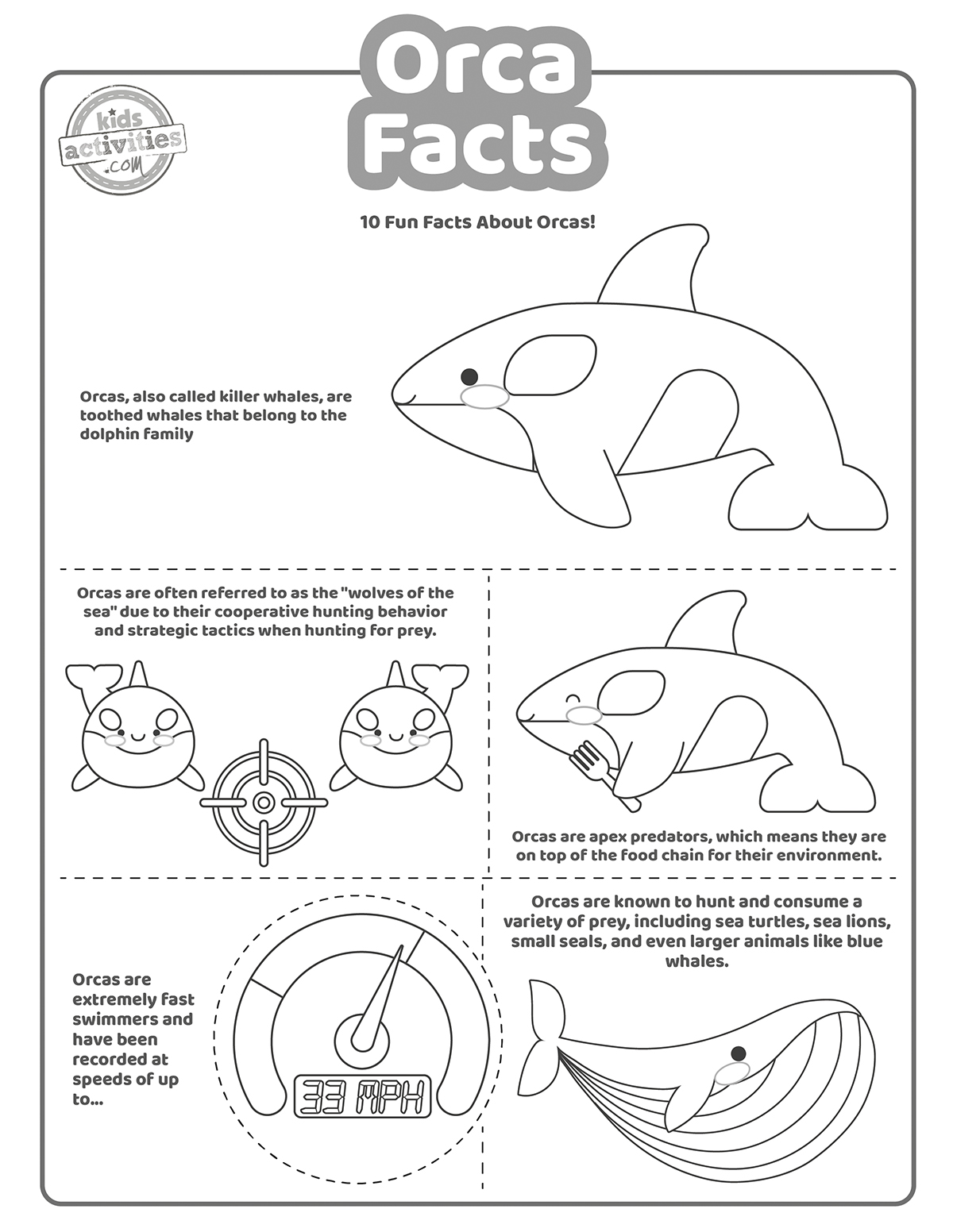 Screenshot of a black and white coloring page with orca facts  
