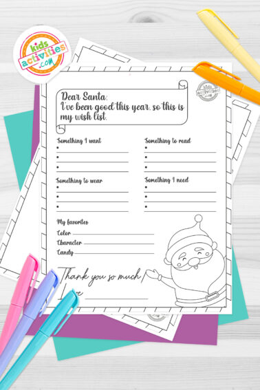 Black and white Santa Wish list printable on top of blue-green and purple sheets with assorted crayons on a dark grey background. printed pdf version from Kids activities blog.