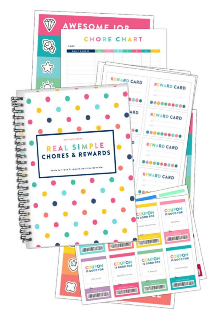 Simple Chores for Kids and Reward Chart - Kids Activities Blog - printed pdf version of chores and rewards pages shown on white background including chore chart, reward card, coupons and more 