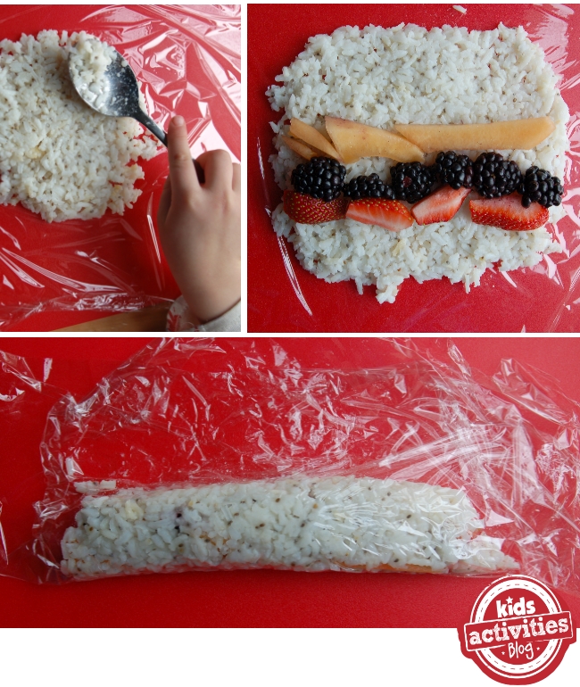 DIY Fruit sushi, frushi steps to make and roll fruit sushi at home with plastic wrap and regular white cooked rice