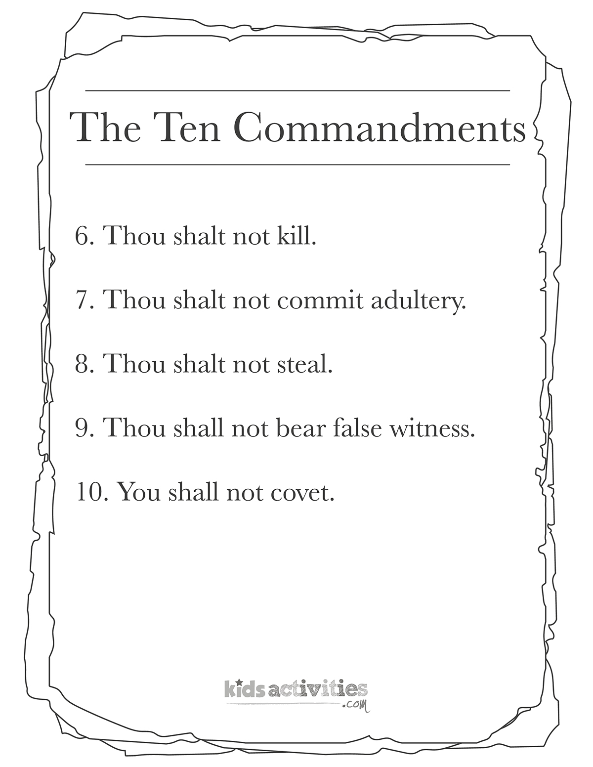 Screenshot of a black and white coloring page with the second five of the Ten Commandments on.