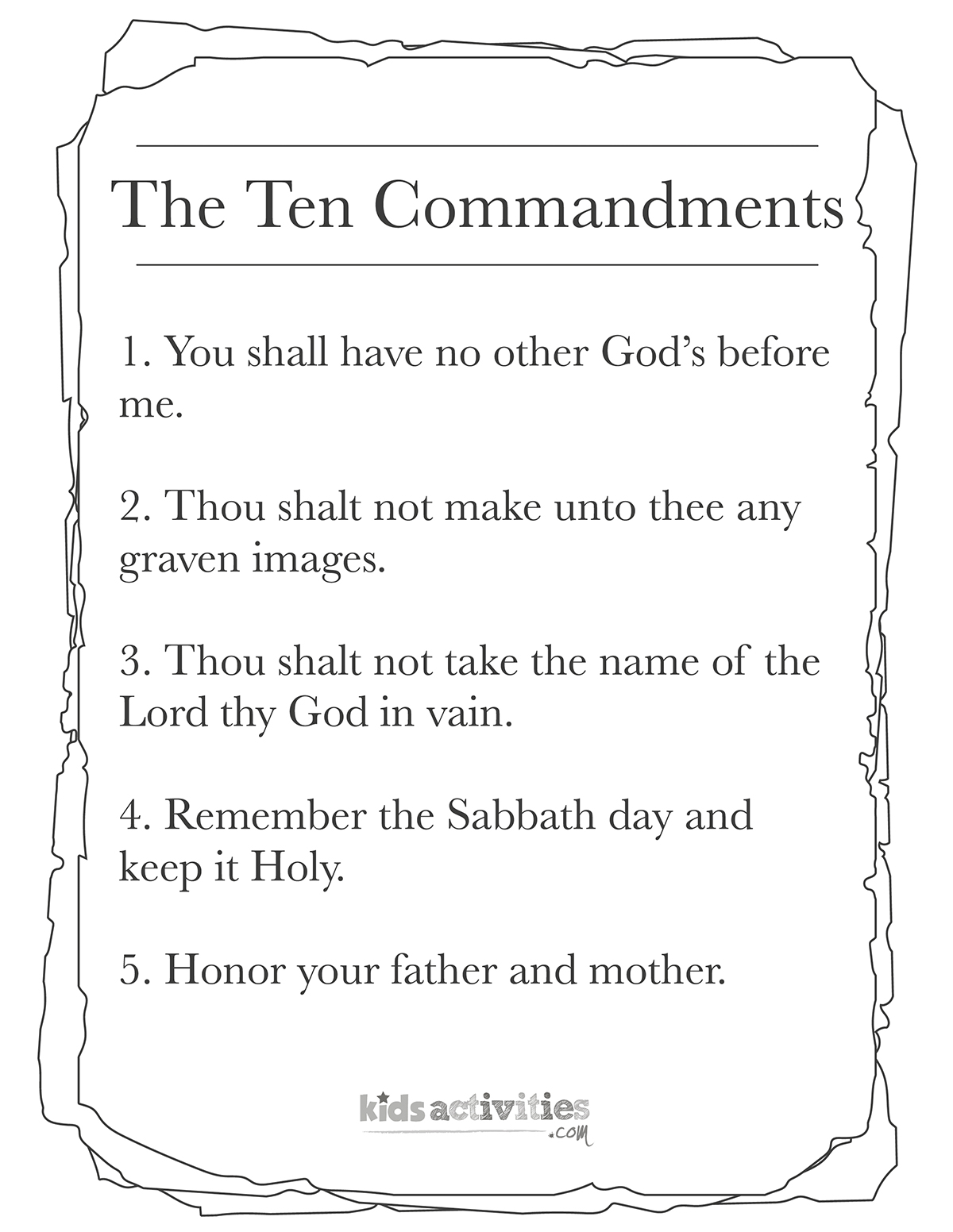 Screenshot of a black and white coloring page with the first five of the Ten Commandments on.