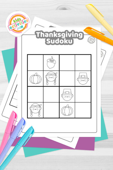Black and white thanksgiving sudoku with Thanksgiving-themed pictures such as pilgrims, Native American people, pumpkins, acorns, etc, on top of blue-green and purple sheets with assorted crayons on a dark grey background. printed pdf version from Kids activities blog.