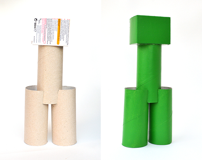 Step 2 - Minecraft Creeper Craft for Kids Made from Toilet Paper Roll - how to arrange the toilet paper rolls and boxes to make a minecraft creeper and then shown painted green