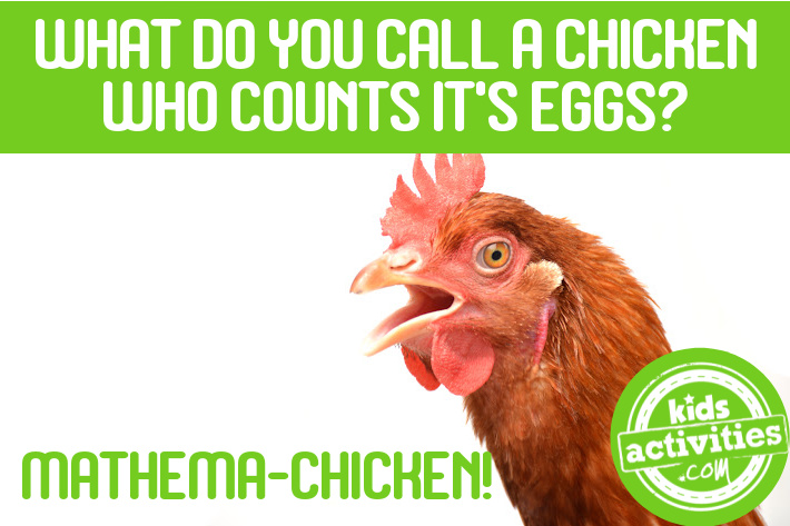 Chicken joke: What do you call a chicken who counts its eggs?  A mathmeCHICKEN - Kids Activities Blog logo - chicken on white background