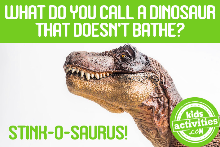 Dinosaur joke: What do you call a dinosaur that doesn't bathe?  A  Stink-o-saurus! - Kids Activities Blog logo - dinosaur head on white background