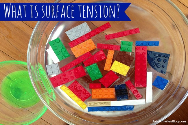 Surface tension experiments using liquid soap, bowls, and legos.