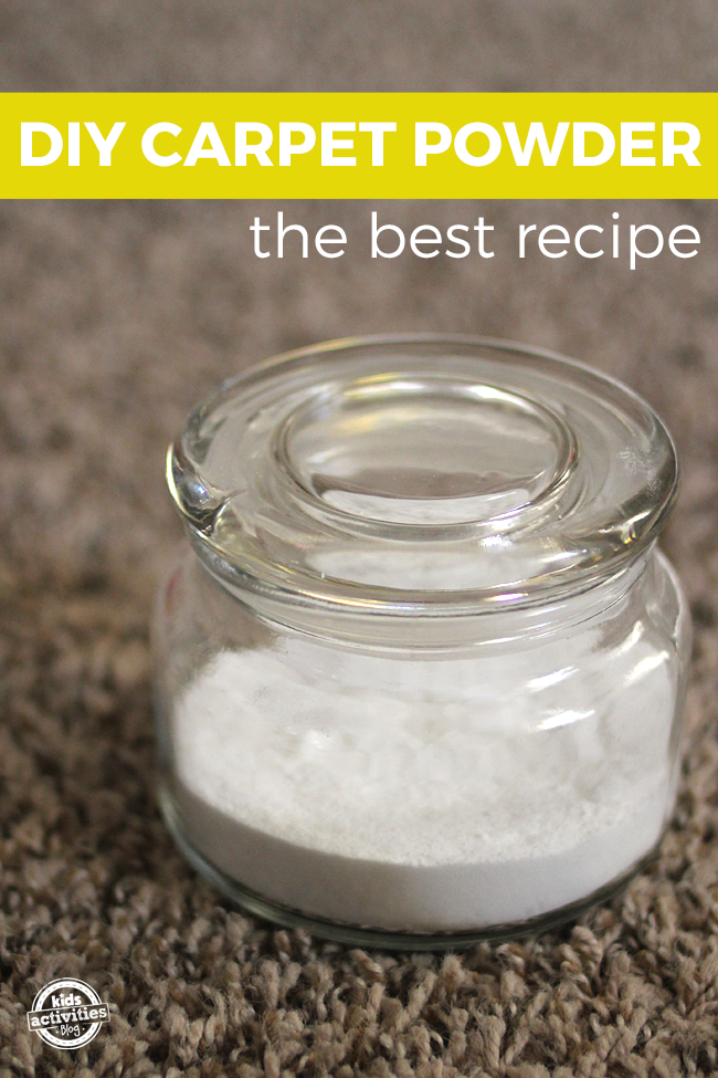 text: DIY carpet powder the best recipe - fully made carpet powder to make your carpet smell fresh and clean  shown is a glass bottle of homemade carpet cleaning powder - Kids Activities Blog