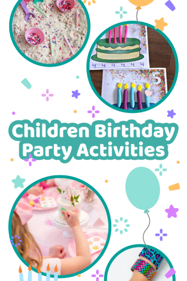Image shows a collage of circular pics depicting different types of birthday party activities on a white background with purple stars and yellow balloons and candles in blue form Kids Activities Blog