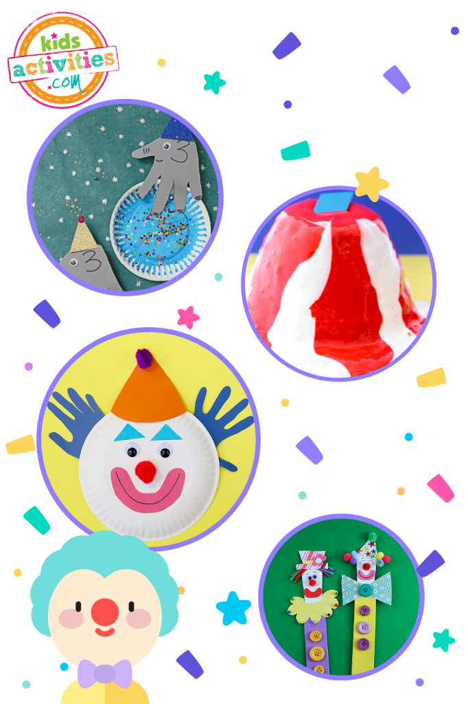 Circus Crafts and Carnival Crafts- Image shows a compilation of circus activities for preschoolers from different sources, such as a paper plate clown craft, slime, and more. 