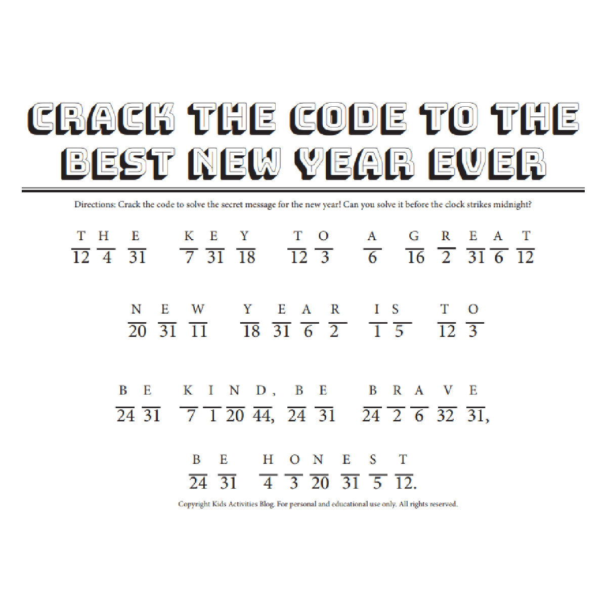 Crack the code worksheets new years eve page 2 printed pdf black and white worksheet- kids activities blog