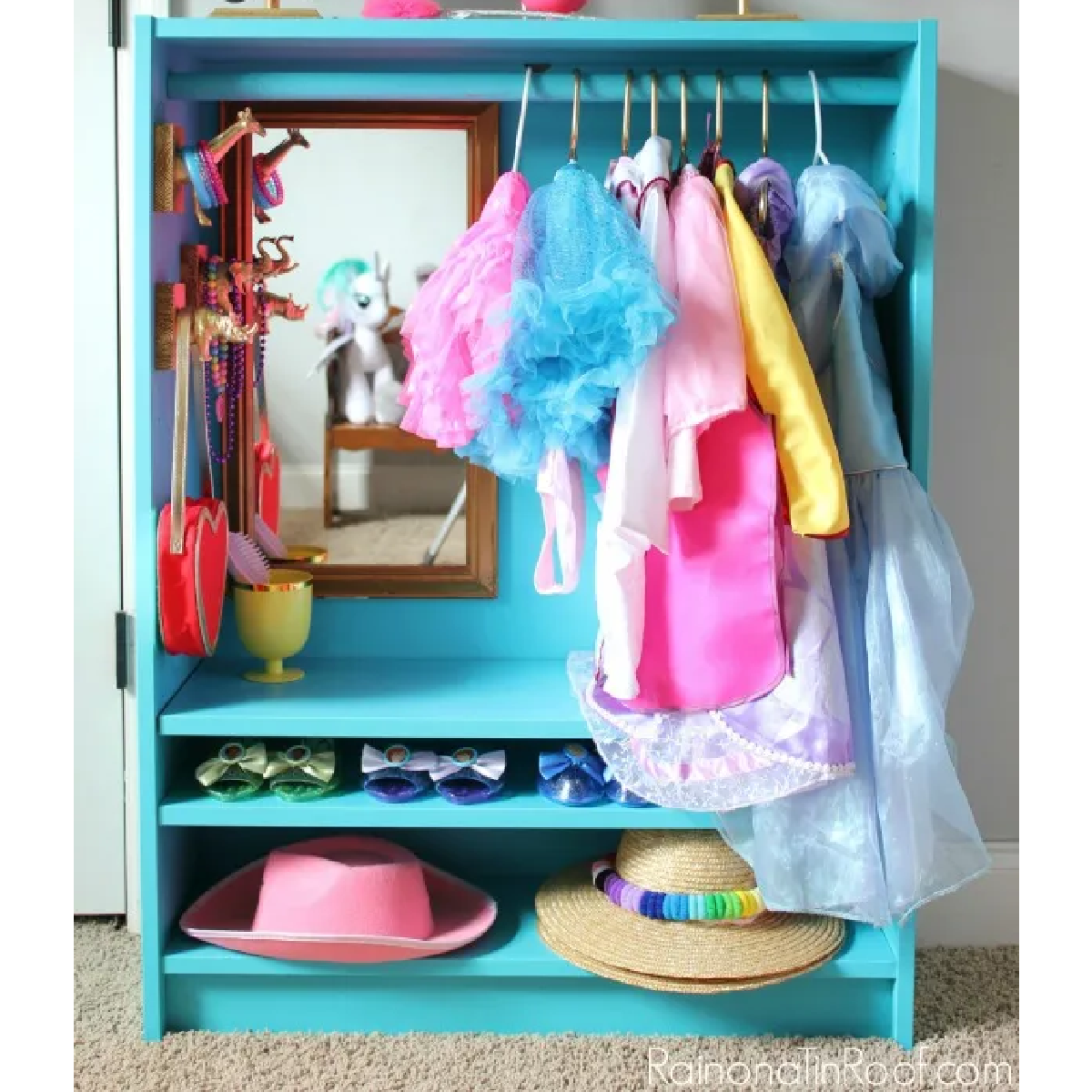 Dress up ideas- DIY dress up closet blue with dresses and hats in it- kids activities blog