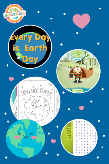 Image shows a blue background with different pictures of earth day activities from Kids Activity Blogs.
