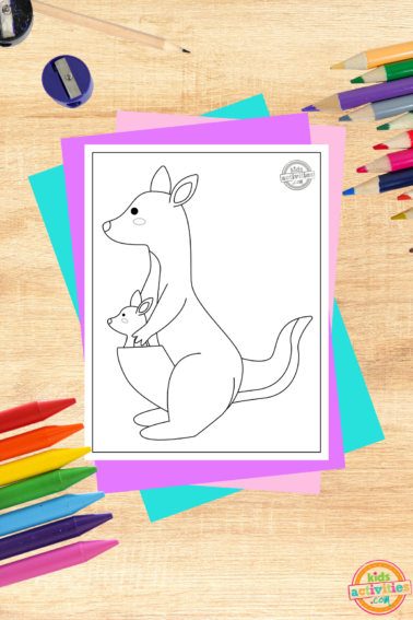 Kangaroo coloring page pdf file on wooden background with coloring supplies- kids activities blog
