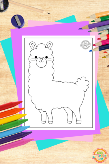 Llama coloring page pdf file on wooden background with coloring supplies- kids activities blog